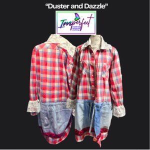 Upcycled lightweight duster with men's cotton shirt with denim and lace